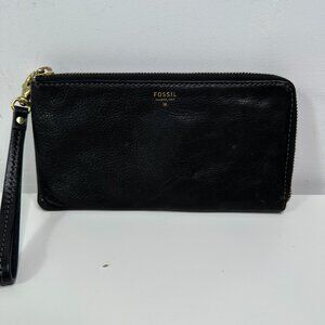 FOSSIL Wallet Wristlet Black Zip Around Clutch Leather Multicard